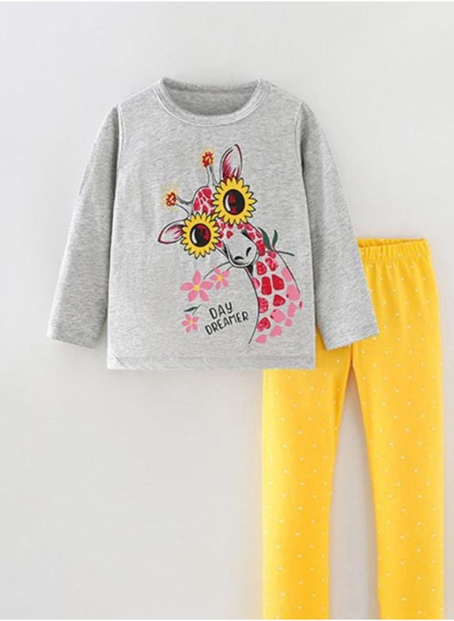 Grey Crew Neck Long Sleeve Printed Top With Leggings