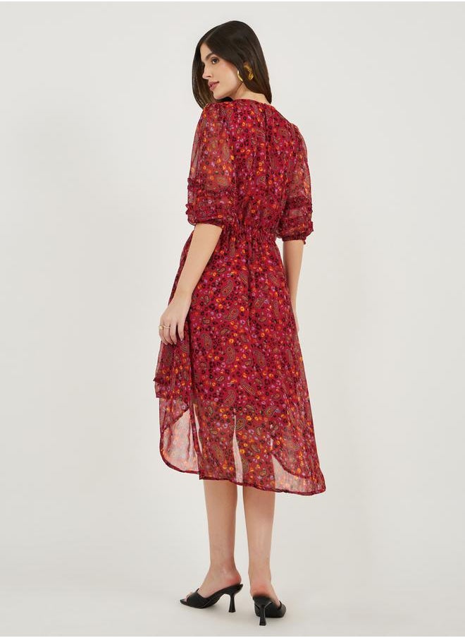 All-Over Print Asymmetric Hem Midi Dress