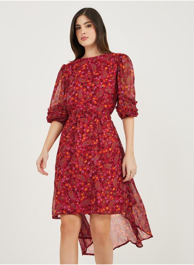 All-Over Print Asymmetric Hem Midi Dress