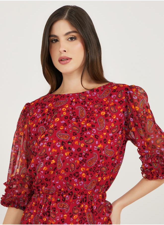 All-Over Print Asymmetric Hem Midi Dress
