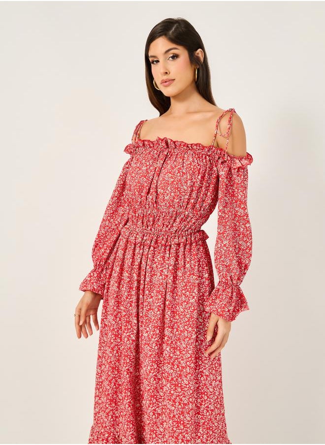 Ditsy Print Off Shoulder A-Line Midi Dress