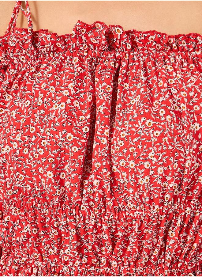 Ditsy Print Off Shoulder A-Line Midi Dress