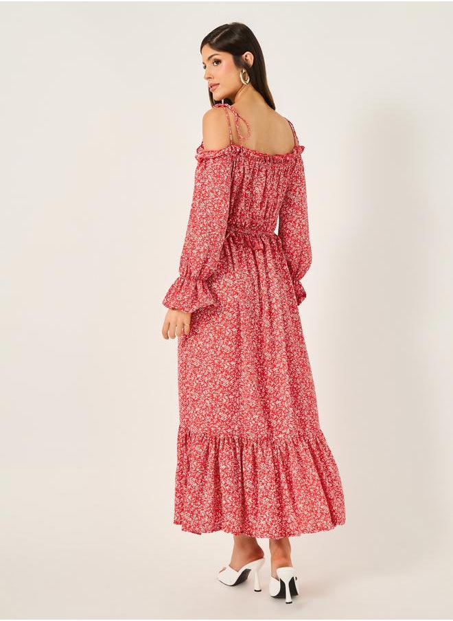 Ditsy Print Off Shoulder A-Line Midi Dress