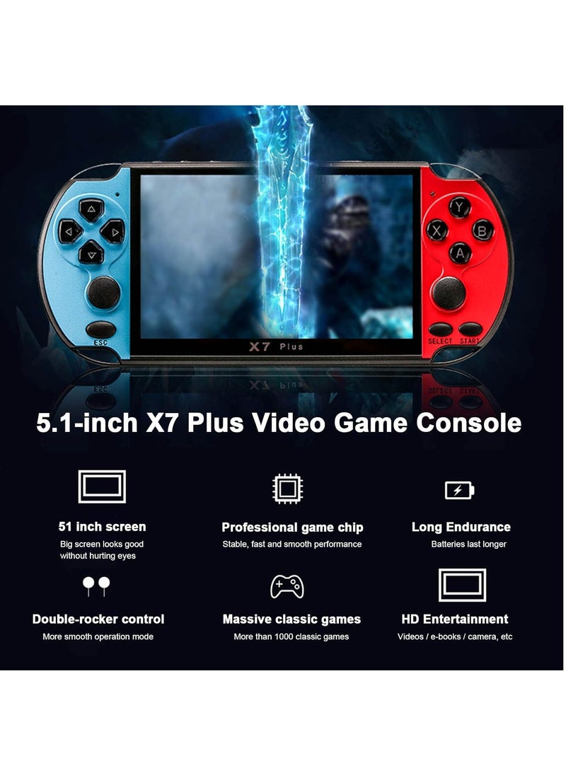 X7 Plus 5.1 Inch Handheld Video Game Console with Double Rocker, 8GB Memory, Built-in 1000 Classic Games, MP5 Player, Support TV Output, Portable Retro Gaming Device for Kids and Adults