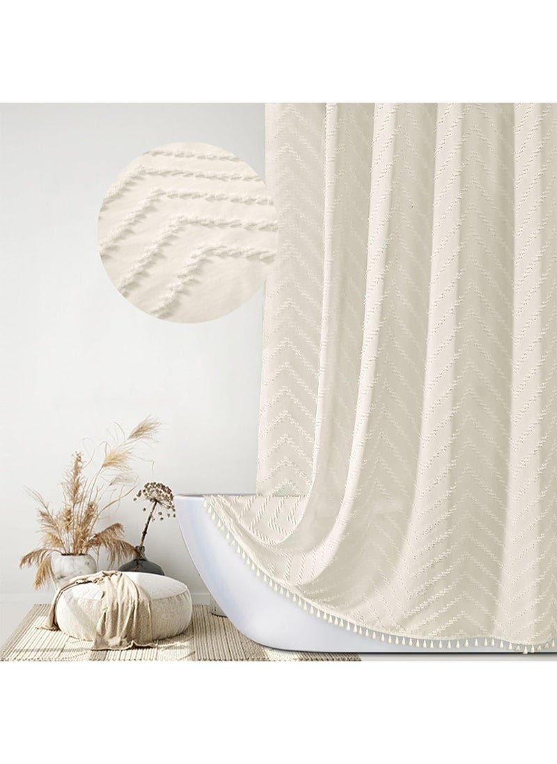 Boho Shower Curtain Beige Tassel Woven Fabric Shower Curtain Modern Farmhouse Textured Tufted Chevron Striped Minimalist Bathroom Hotel, 182*213CM