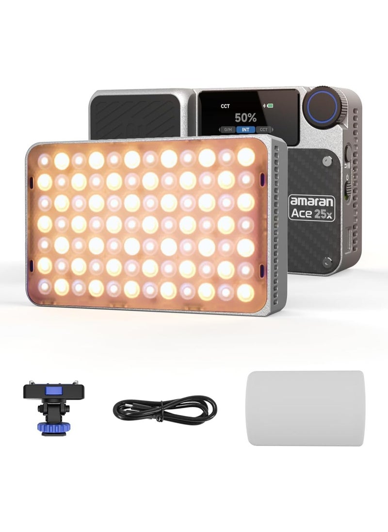 Aputure Amaran Ace 25x Bi-Colour LED Light, 32W On-Camera Video Light, 2700K-6500K, 6320 Lux @ 0.5m, USB-C Fast Charge, Magnetic Mounting, 9 Light Effects, Wireless amaran App Control - Sliver
