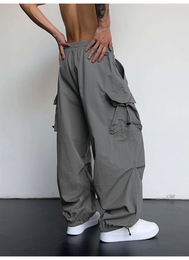 Mens Solid Side Pockets Grey Nylon fabric Baggy fit Cargo Pant