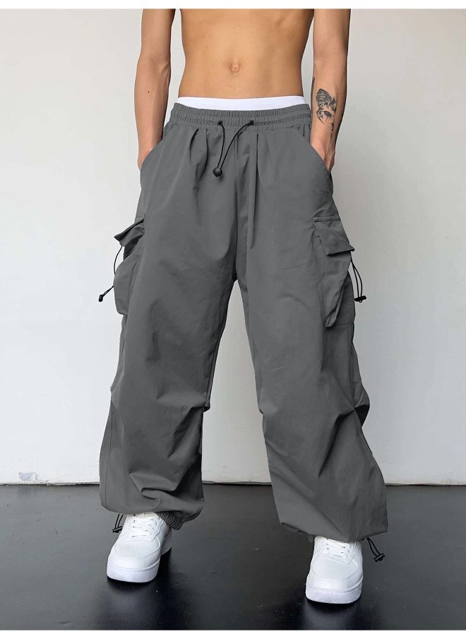 Mens Solid Side Pockets Grey Nylon fabric Baggy fit Cargo Pant