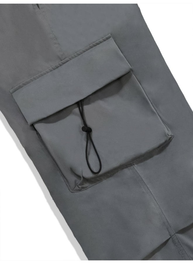 Mens Solid Side Pockets Grey Nylon fabric Baggy fit Cargo Pant