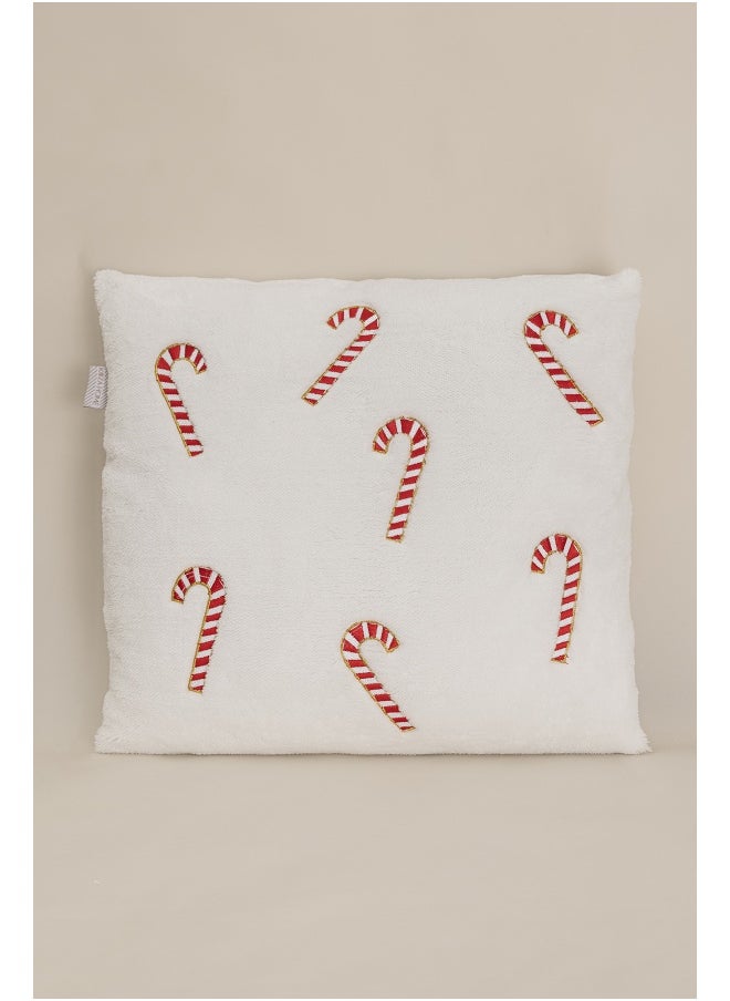 Koza Home Charm Candy Cane Embroidered Cushion Cover – Cream, 45x45cm, Christmas Decorative Throw Pillow Case for Sofa, Couch, or Bed