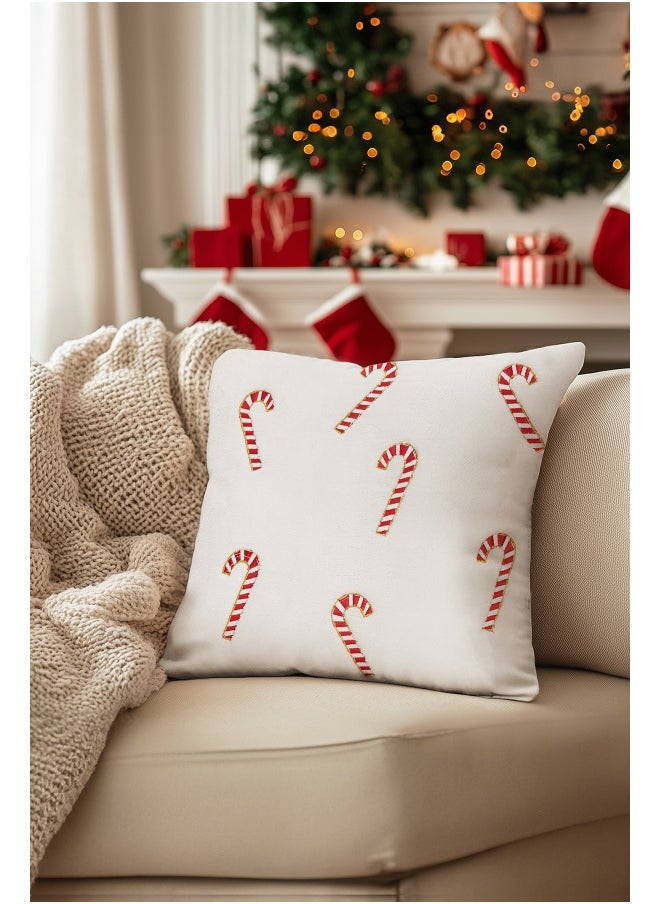 Koza Home Charm Candy Cane Embroidered Cushion Cover – Cream, 45x45cm, Christmas Decorative Throw Pillow Case for Sofa, Couch, or Bed