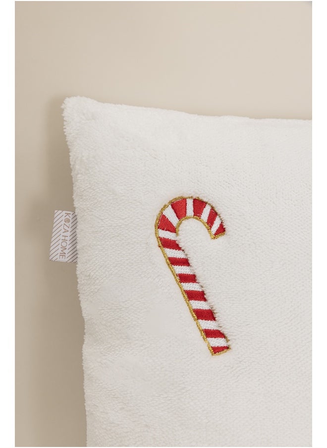 Koza Home Charm Candy Cane Embroidered Cushion Cover – Cream, 45x45cm, Christmas Decorative Throw Pillow Case for Sofa, Couch, or Bed