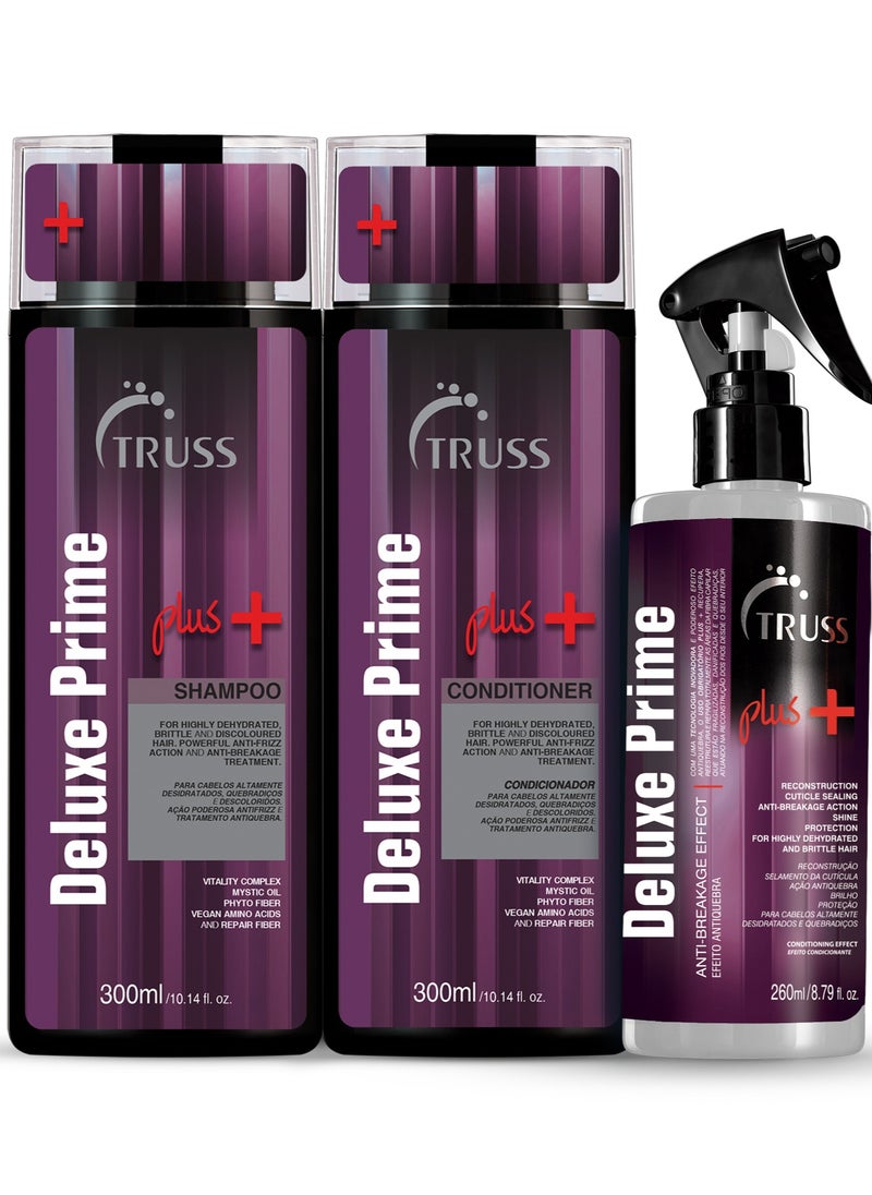 TRUSS PROFESSIONAL Deluxe Prime Plus + Hair Shampoo Bundle with Conditioner, and Leave-In Spray [300 Ml + 300 Ml + 260 Ml]