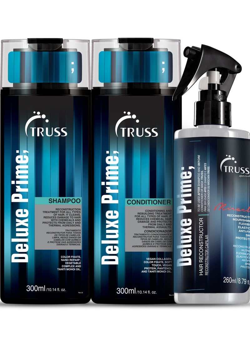 TRUSS PROFESSIONAL Deluxe Prime Hair Care Set [Pack of 3] – Sulfate Free Shampoo & Conditioner (300ml Each) + Leave-In Spray (260 ML)