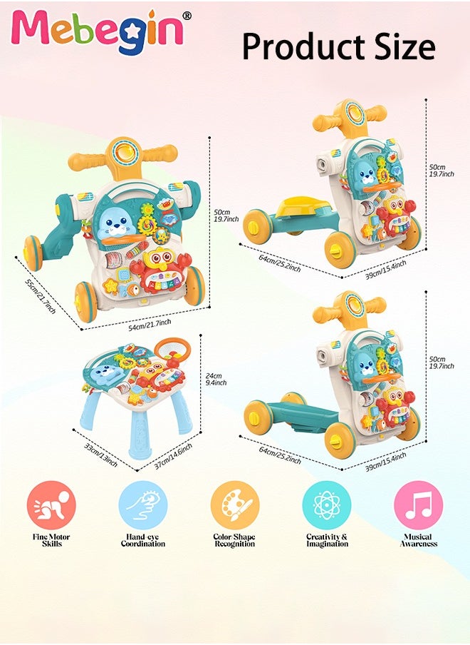 4-In-1 Sit-to-Stand Multi-Functional Baby Walker Turnable Stroller Scooter Trolley,Learning Walker for Baby Boys and Girls,Early Learning Push Toys Activity Center