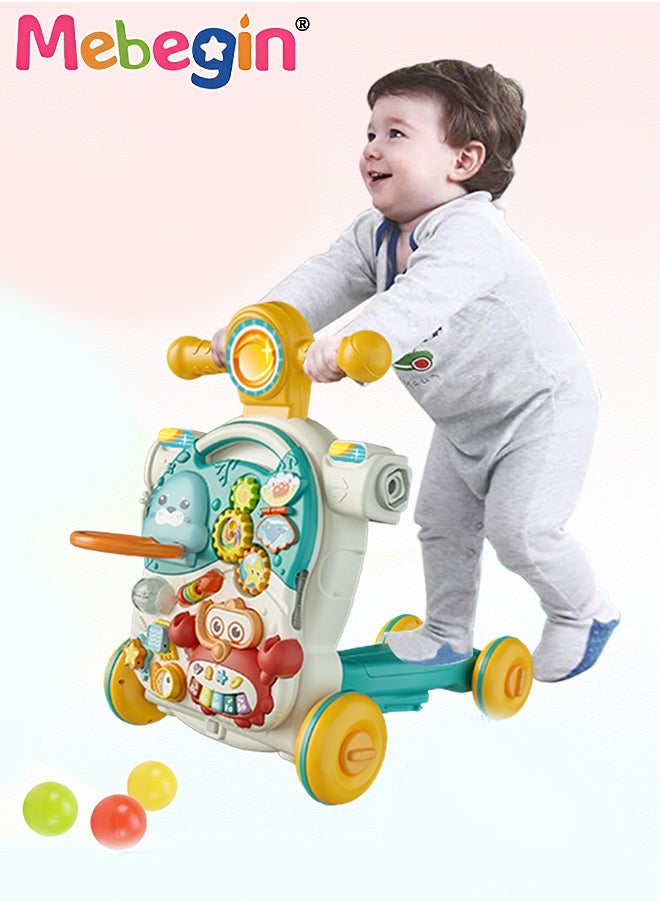 4-In-1 Sit-to-Stand Multi-Functional Baby Walker Turnable Stroller Scooter Trolley,Learning Walker for Baby Boys and Girls,Early Learning Push Toys Activity Center