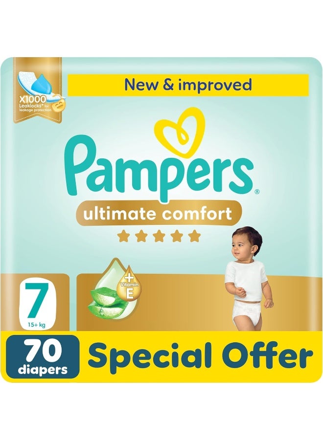 Ultimate Comfort Taped Diapers, Size 7, 13+kg, Lotion infused with Aloe Vera and Vitamin E, x1000 Leak Locks Technology for Leakage Protection, 2x Giant Pack, 70 Count
