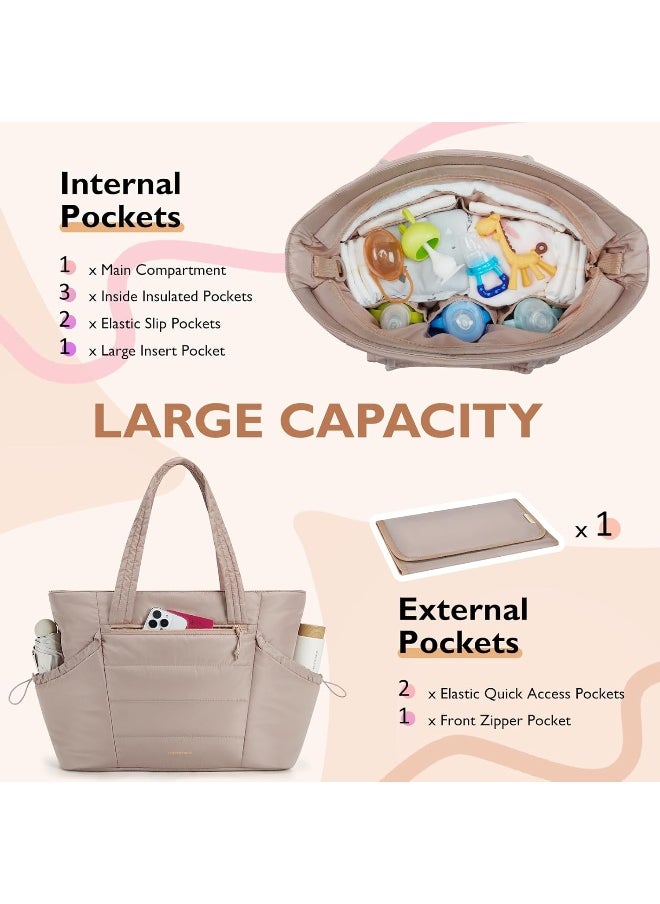 mommore Diaper Bag Tote with Stroller Organizer Puffer Bag Large Capacity Baby Bag with Changing Pad for Travel, Hospital