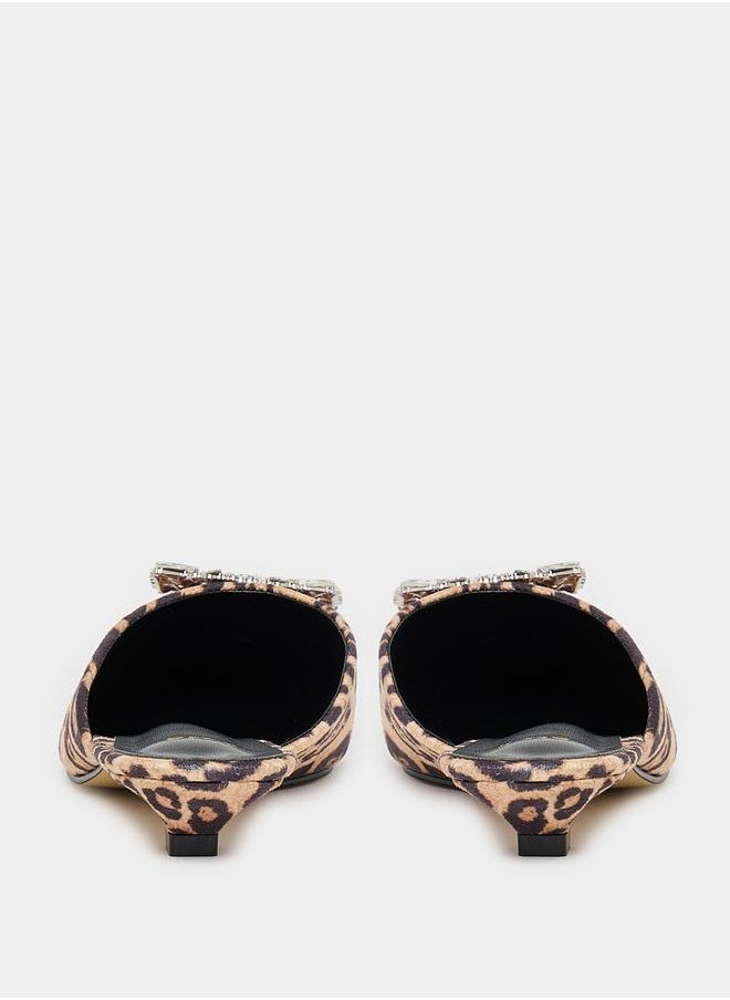Embellished Animal Print Pointed Toe Mules
