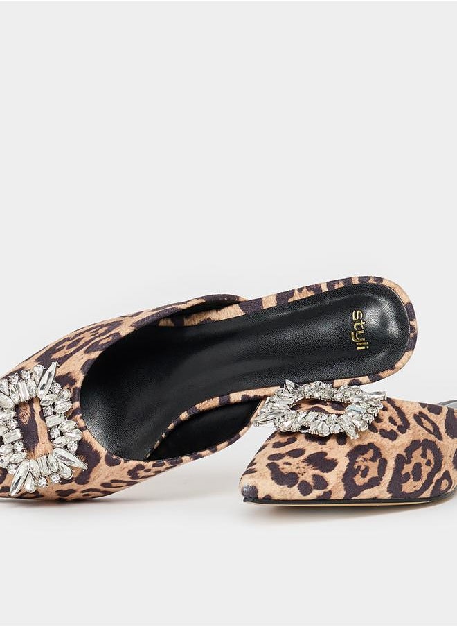 Embellished Animal Print Pointed Toe Mules