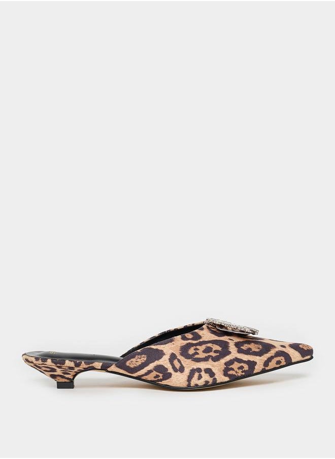 Embellished Animal Print Pointed Toe Mules