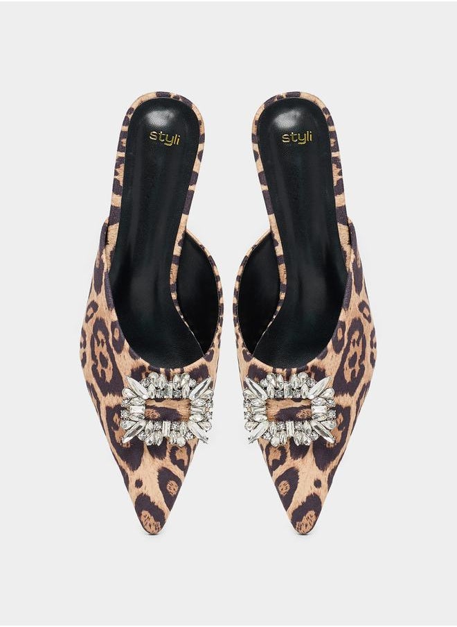 Embellished Animal Print Pointed Toe Mules