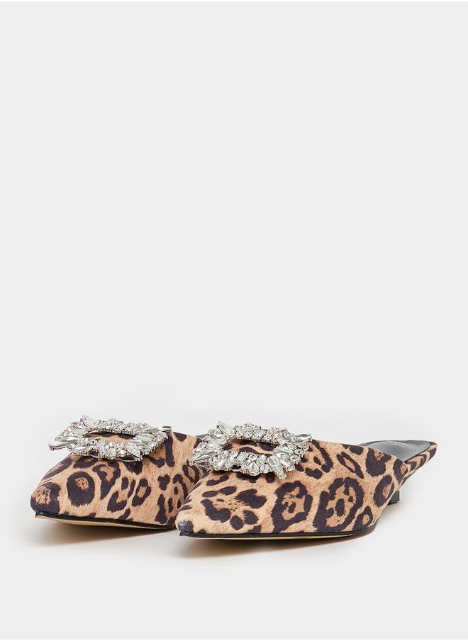 Embellished Animal Print Pointed Toe Mules