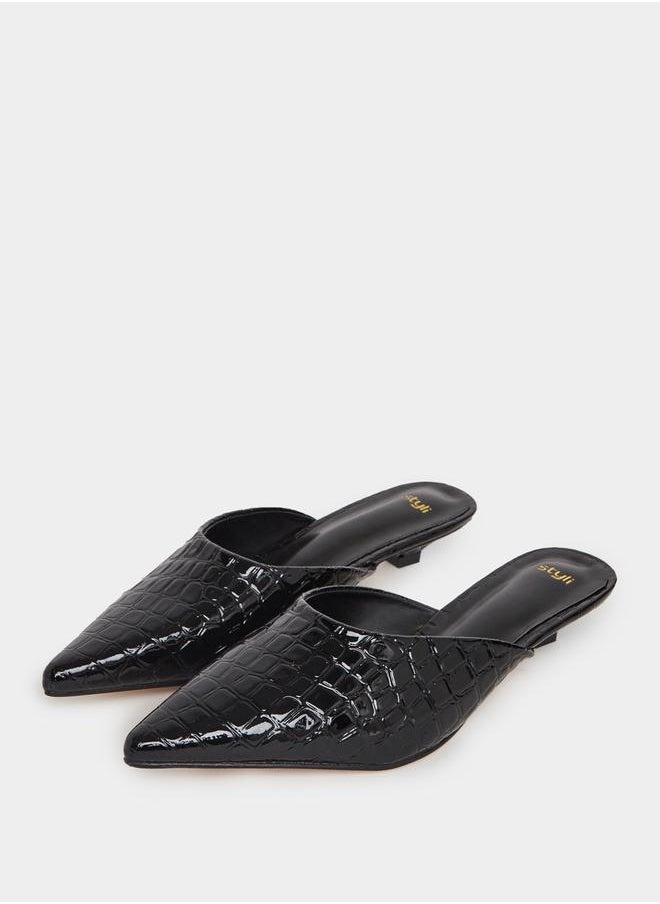 Textured Pointed Toe Slip-On Mules