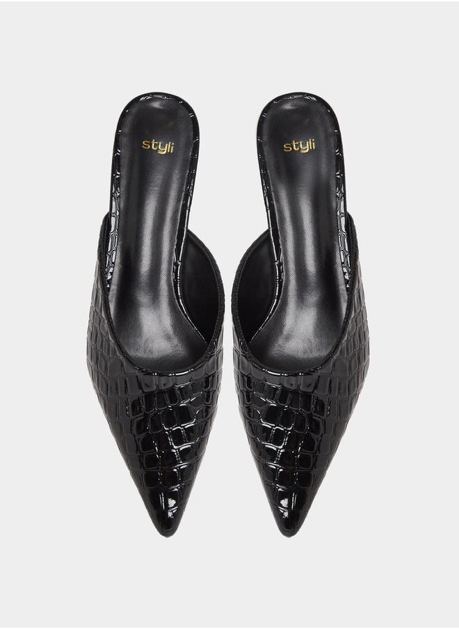 Textured Pointed Toe Slip-On Mules