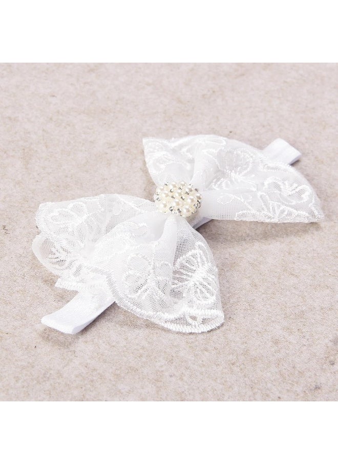 Nishine 2 Pack Baptism White Newborn Bowknot Headbands Baby Christening Hair Bows Headwrap Toddler Hairband (Pearl Button)