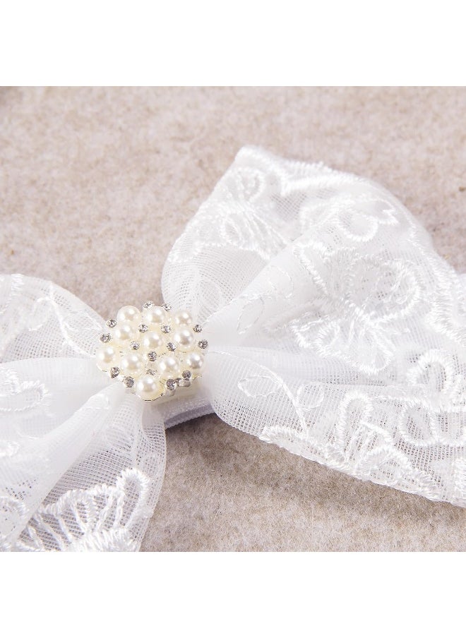 Nishine 2 Pack Baptism White Newborn Bowknot Headbands Baby Christening Hair Bows Headwrap Toddler Hairband (Pearl Button)
