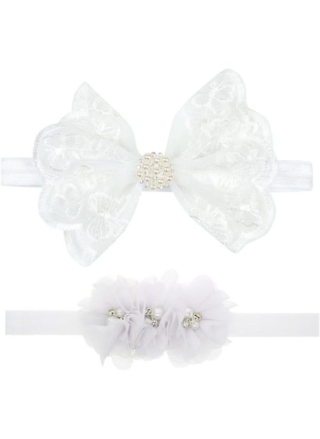 Nishine 2 Pack Baptism White Newborn Bowknot Headbands Baby Christening Hair Bows Headwrap Toddler Hairband (Pearl Button)
