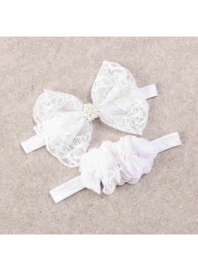 Nishine 2 Pack Baptism White Newborn Bowknot Headbands Baby Christening Hair Bows Headwrap Toddler Hairband (Pearl Button)