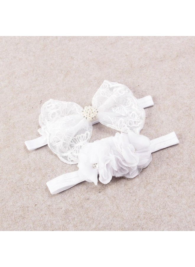 Nishine 2 Pack Baptism White Newborn Bowknot Headbands Baby Christening Hair Bows Headwrap Toddler Hairband (Pearl Button)