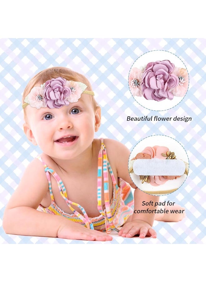 Cinaci 5 Pieces Super Stretchy Soft Nylon Flower Headbands Pearl Floral Tiaras Crowns Hairbands Hair Accessories for Baby Girls Newborns Infants Toddlers Kids