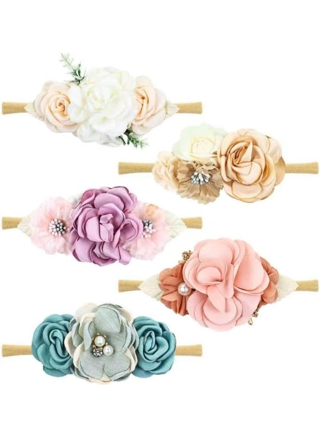 Cinaci 5 Pieces Super Stretchy Soft Nylon Flower Headbands Pearl Floral Tiaras Crowns Hairbands Hair Accessories for Baby Girls Newborns Infants Toddlers Kids