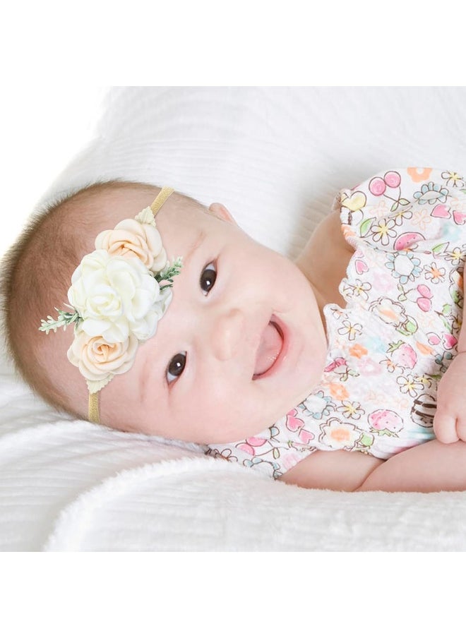Cinaci 5 Pieces Super Stretchy Soft Nylon Flower Headbands Pearl Floral Tiaras Crowns Hairbands Hair Accessories for Baby Girls Newborns Infants Toddlers Kids