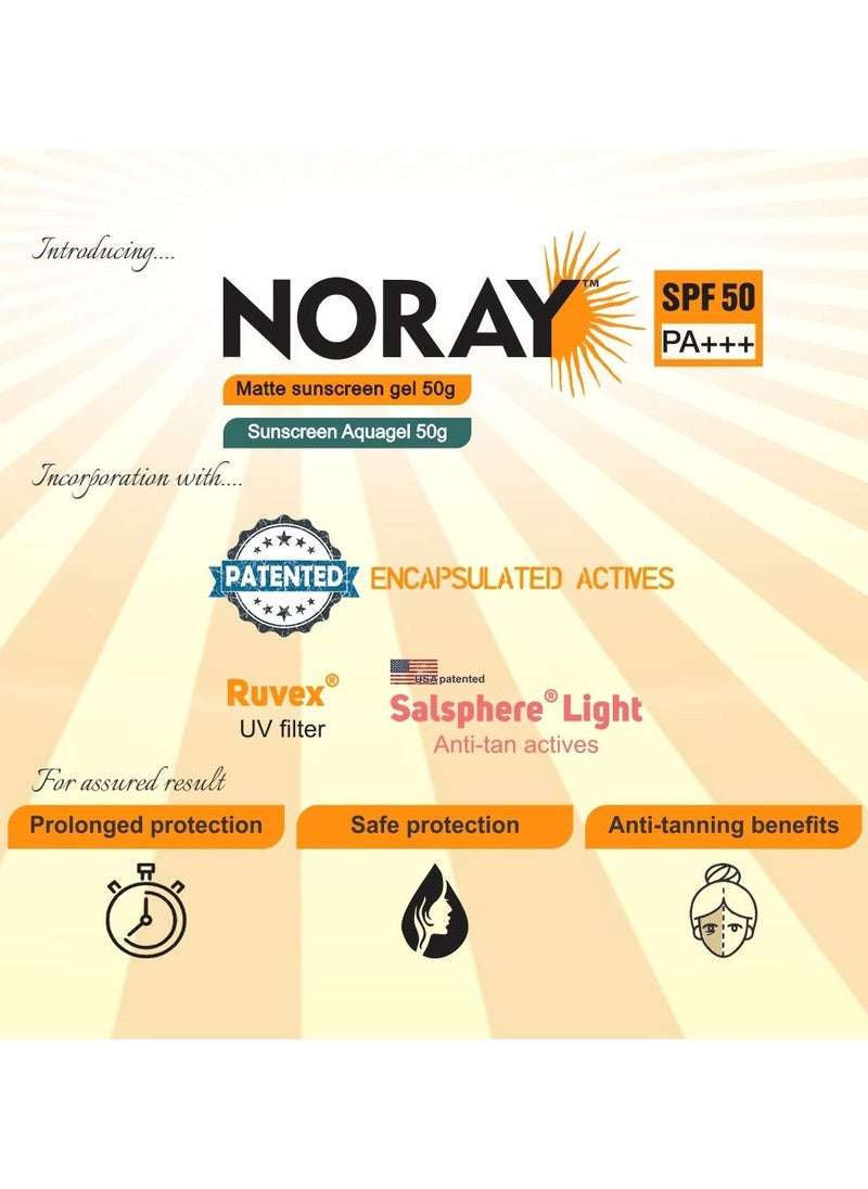 Noray Matte Finish Broad Spectrum Sunscreen Gel, SPF-50, PA+++ with Anti Tan Effect, 50 g