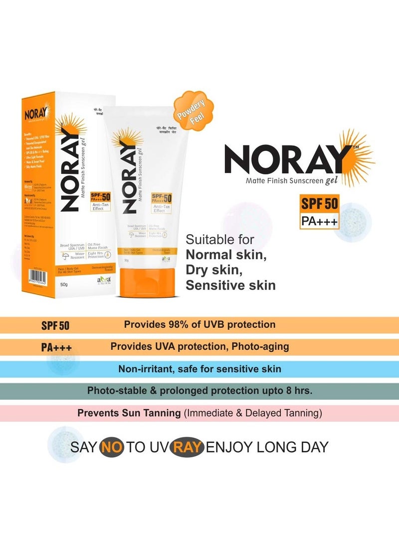 Noray Matte Finish Broad Spectrum Sunscreen Gel, SPF-50, PA+++ with Anti Tan Effect, 50 g