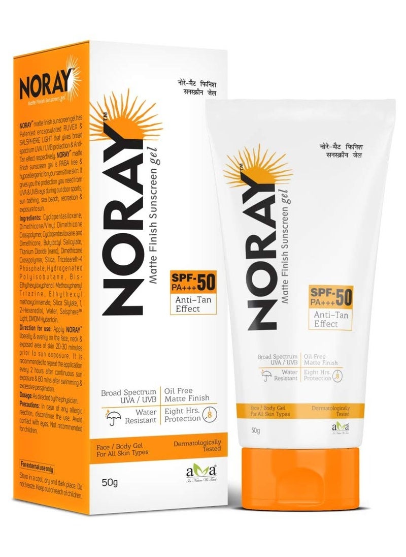 Noray Matte Finish Broad Spectrum Sunscreen Gel, SPF-50, PA+++ with Anti Tan Effect, 50 g