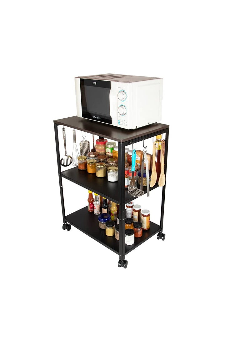 DECOWORLD 3 Tier Premium Microwave OTG Stand Mutiple Platforms for Extra Storage with Hooks and Wheels Kitchen Oven Rack