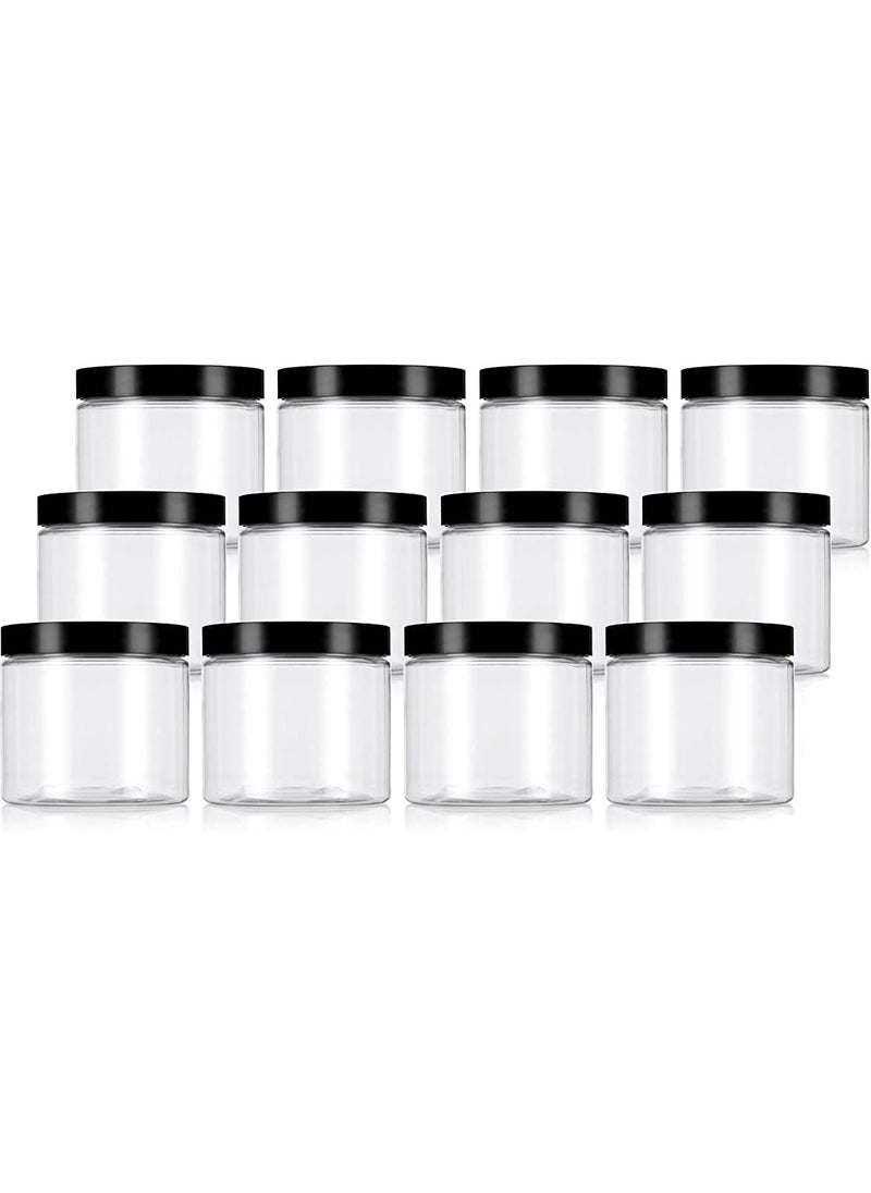 JUVITUS 16 oz Clear PET Plastic Refillable Jar with Black Smooth Lid (12 pack) + Labels