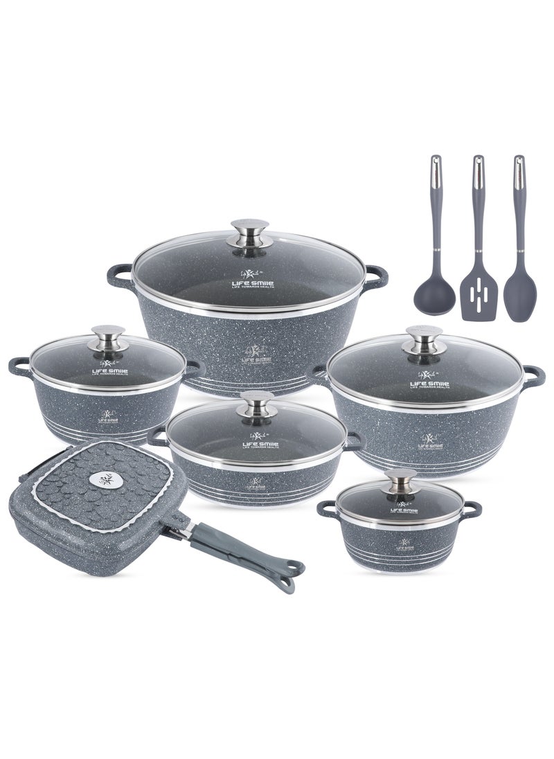15Pcs Pots and Pans Set, Non-Stick Cookware Sets- Granite Cookwares, Cooking Set Non-Stick Includes Casserole 20/24/28/32cm, Grill Pan 32cm ,Shallow pot 28cm with Lid (PFOS, PFOA Free) & 3pcs Kitchen utensils