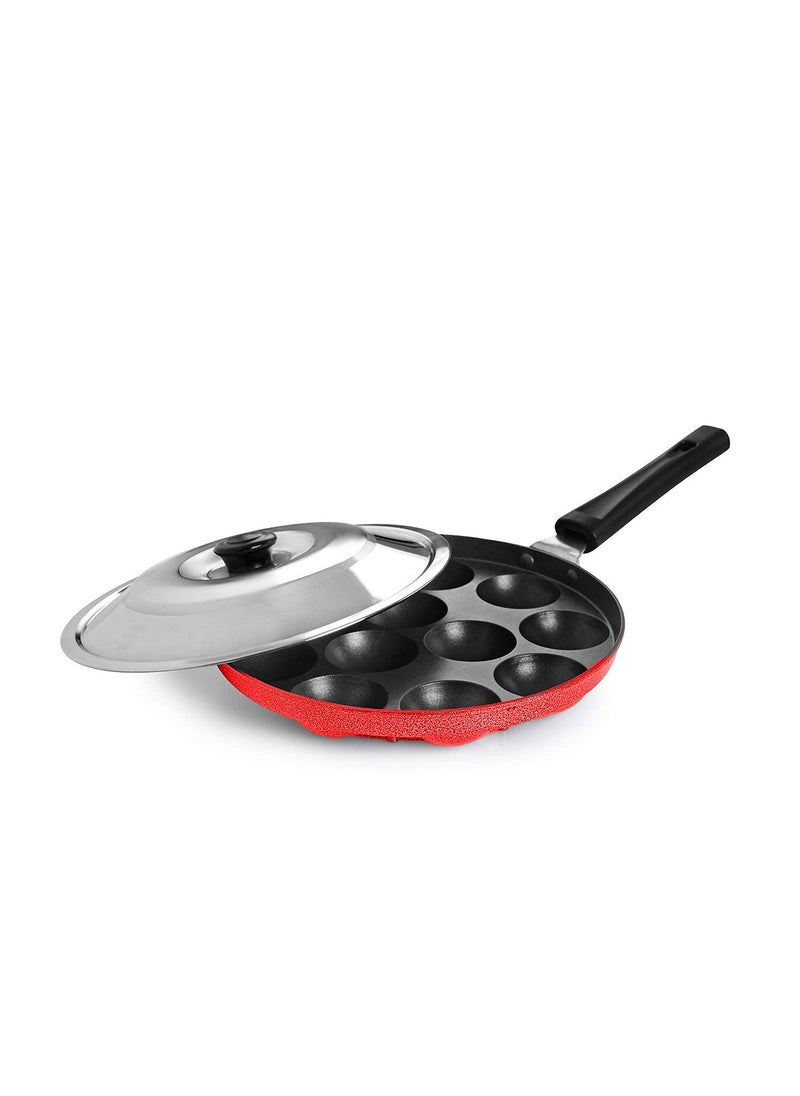 Xtend Royal Single Handle 12 Cavity Appam Patra Paddu Paniyarakkal Maker Chatty Paniyaram Pan Ponganal Baati Litti Baking Pot with Steel Lid (Aluminium, Non-Stick)
