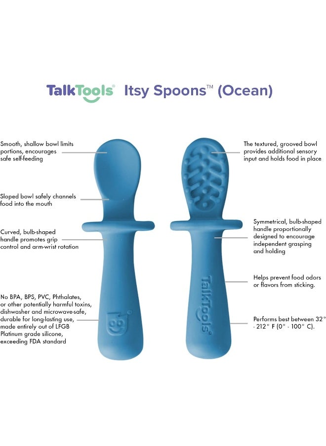 TalkTools ITSY Tiny Silicone Spoons – Twin Pack Soft Silicone Self-Feeding Training Spoons for Kids & Toddlers, Anti-Choking Flange Guard and Non-Slip Handle