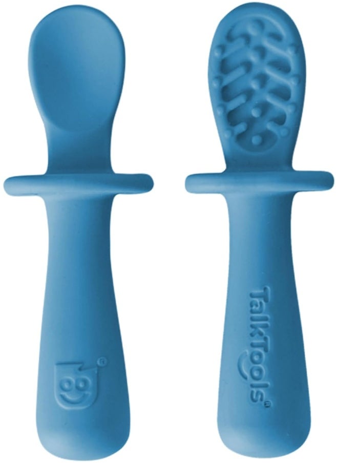 TalkTools ITSY Tiny Silicone Spoons – Twin Pack Soft Silicone Self-Feeding Training Spoons for Kids & Toddlers, Anti-Choking Flange Guard and Non-Slip Handle