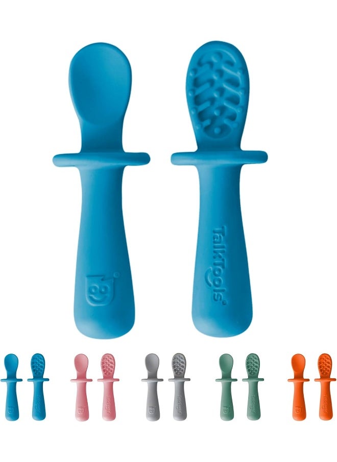 TalkTools ITSY Tiny Silicone Spoons – Twin Pack Soft Silicone Self-Feeding Training Spoons for Kids & Toddlers, Anti-Choking Flange Guard and Non-Slip Handle