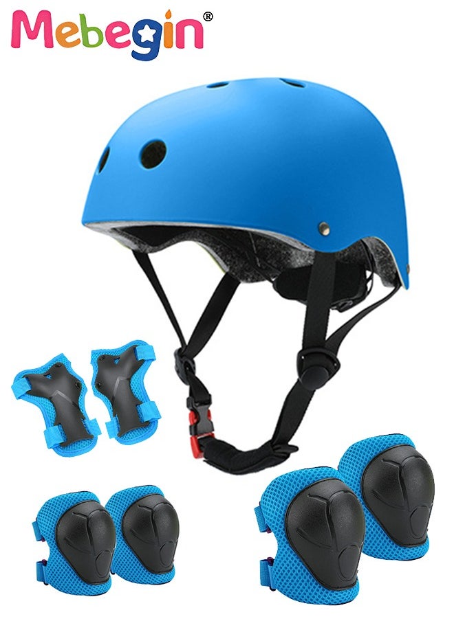7 Pcs Multi-Sport Protective Gear Set with Adjustable Helmet Knee and Elbow Pads Wrist Guards fit for Multi Sports Scooter, Skateboarding, Biking, Roller Skating Blue