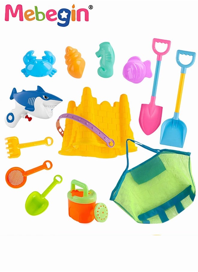 12 Piece Sand Castle Building Beach Toys With Mesh Bag For Outdoor Play,Including Watering Can, Rake, Shovel Sand Molds,Travel Sand Toys, Sandbox Toys for Toddlers Kids Boys Baby