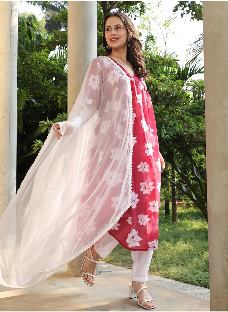 Women's Crimson Red Water Lilies Kurta With Trousers And Dupatta